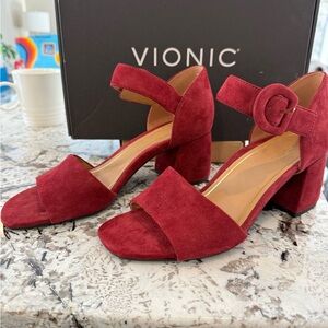 Vionic Burgundy Suede Block Heel Sandals